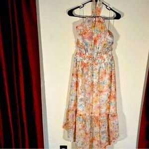 NWOT Maurice’s size medium floral dress, halter top, flowing, coral, blue, pink.